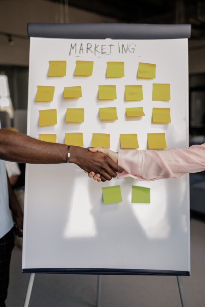 white board with sticky notes for marketing