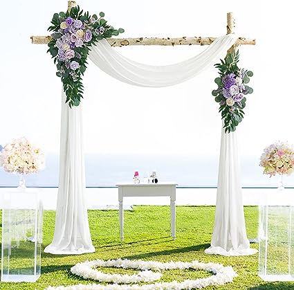 ponatia Purple Wedding Arch Flowers Kit (Pack of 3) with 26Ft White Arch Draping Fabric, Wedding Flowers Garlands Floral